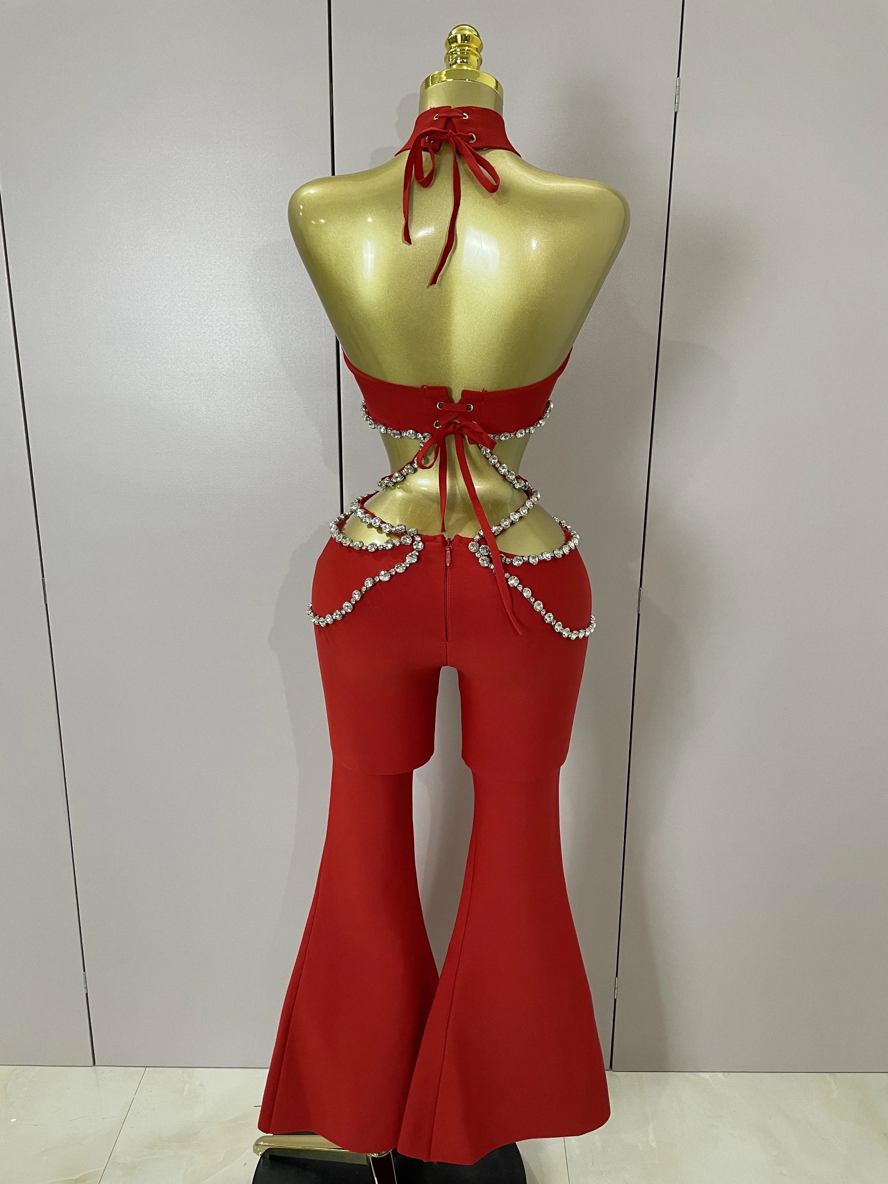 Luxury Rhinestone Red Sexy Cut Out Two Piece Pants Bandage Set 2025 Women Celebrity Designer Fashion Women's Set Stage Outfit