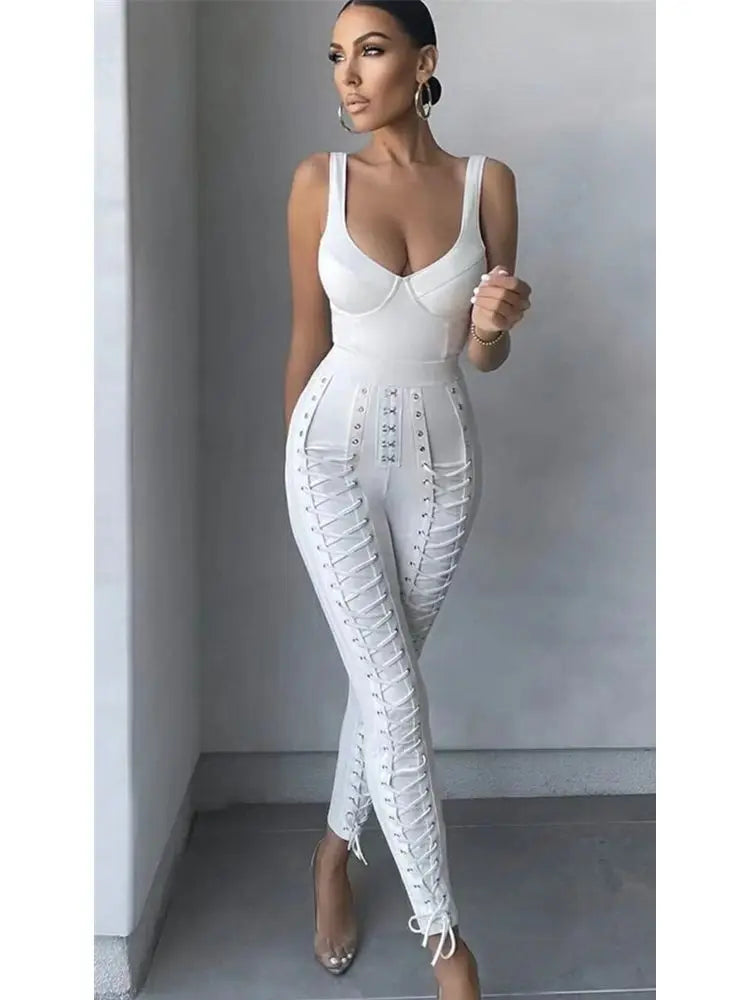 Black White sleeveless Weaving Rayon Bandage Jumpsuit Cocktail Party Bodycon Jumpsuit Vestidos WHITE