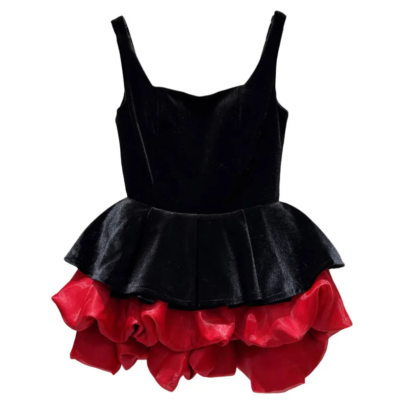 Winter New Fashion Style Velvet Waist-Cinching Contrast Color Hem Puffy Dress For Women Evening Party Dresses 11A07831