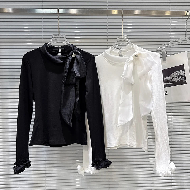 Winter New Elegant Temperament Rhinestone Buckle Bow Tie Long Sleeve T-Shirt For Women Solid Color Tops 11A07897