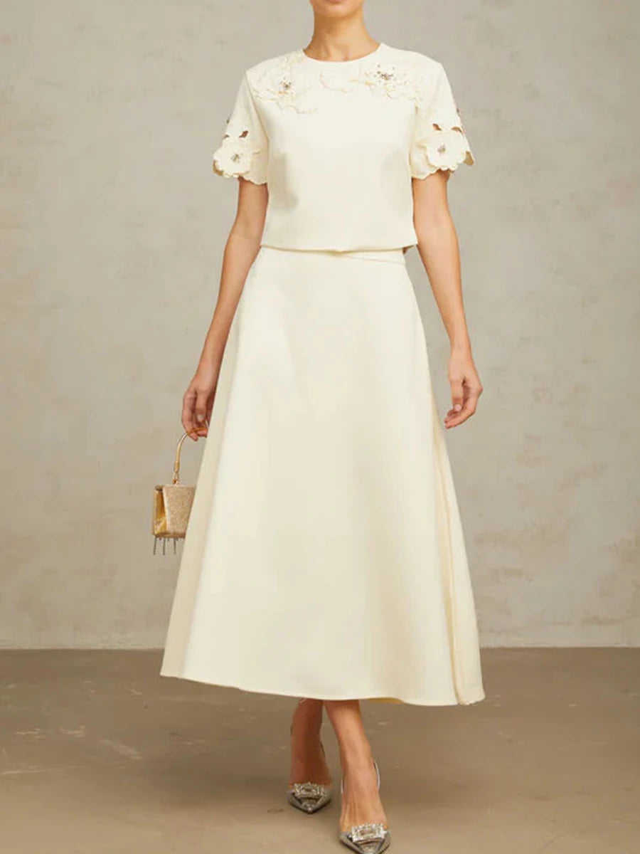 Solid Fashion Two Piece Sets for Women Round Neck Short Sleeves Patcwork Applique Top High Waist Skirt Set Female