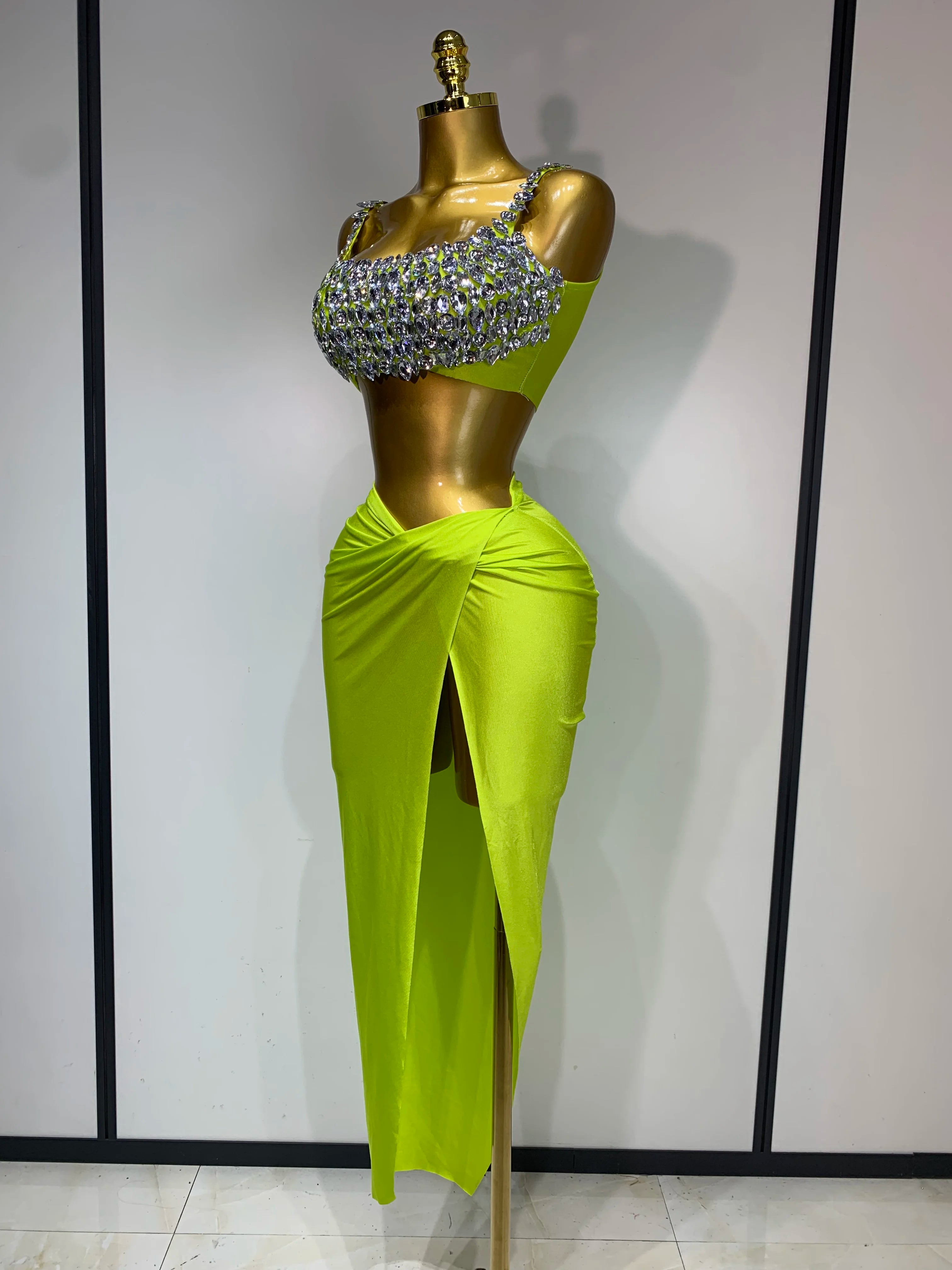 Women Sexy Sparkly Rhinestone Two Pieces Set Stretched Nightclub Skirt Suits Birthday Singer Dancer Stage Performance Costume