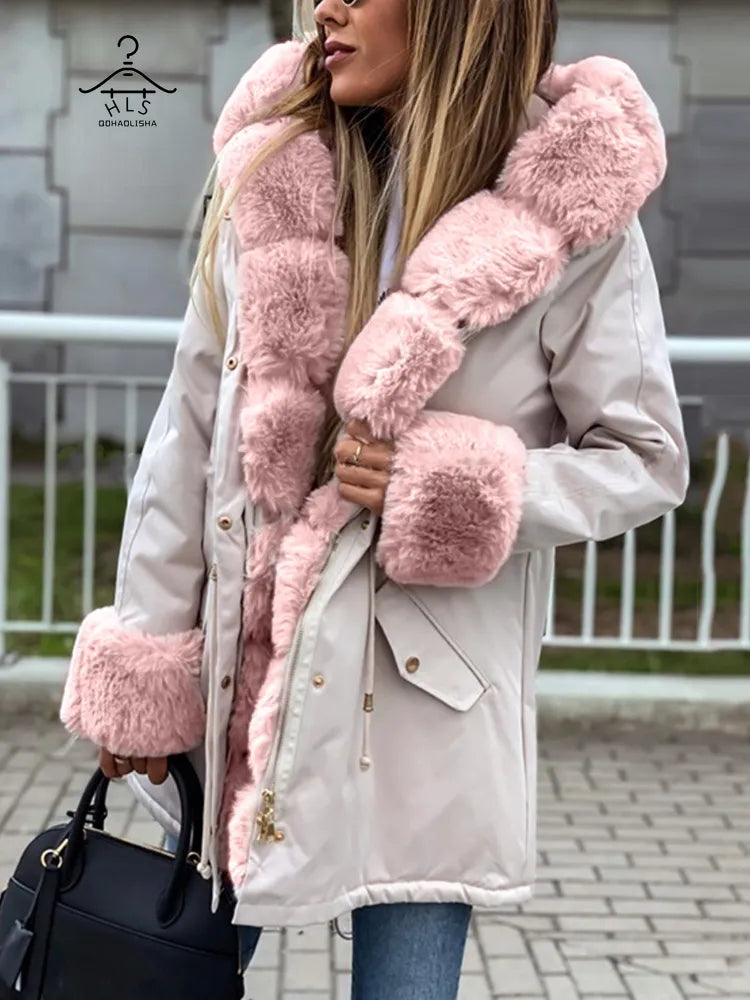 Women Detachable Woolen Collar Cotton Parks New In Hooded Warm Women's Cotton Jacket Zipper Fashion Coat Winter Clothes Women