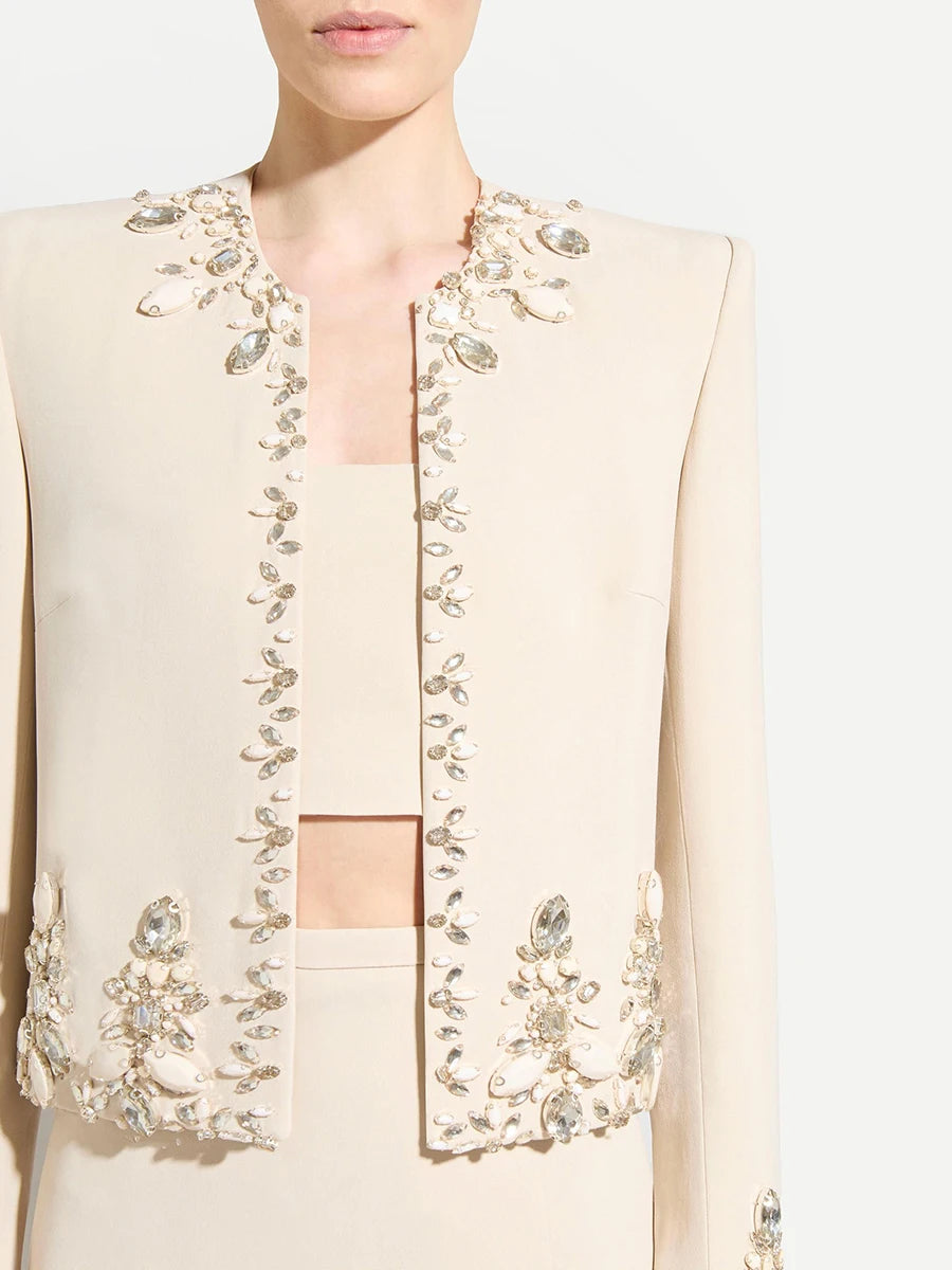 Solid Slimming Two Piece Sets for Women Round Neck Long Sleeves Patchwork Bead Top High Waist Split Skirt Female