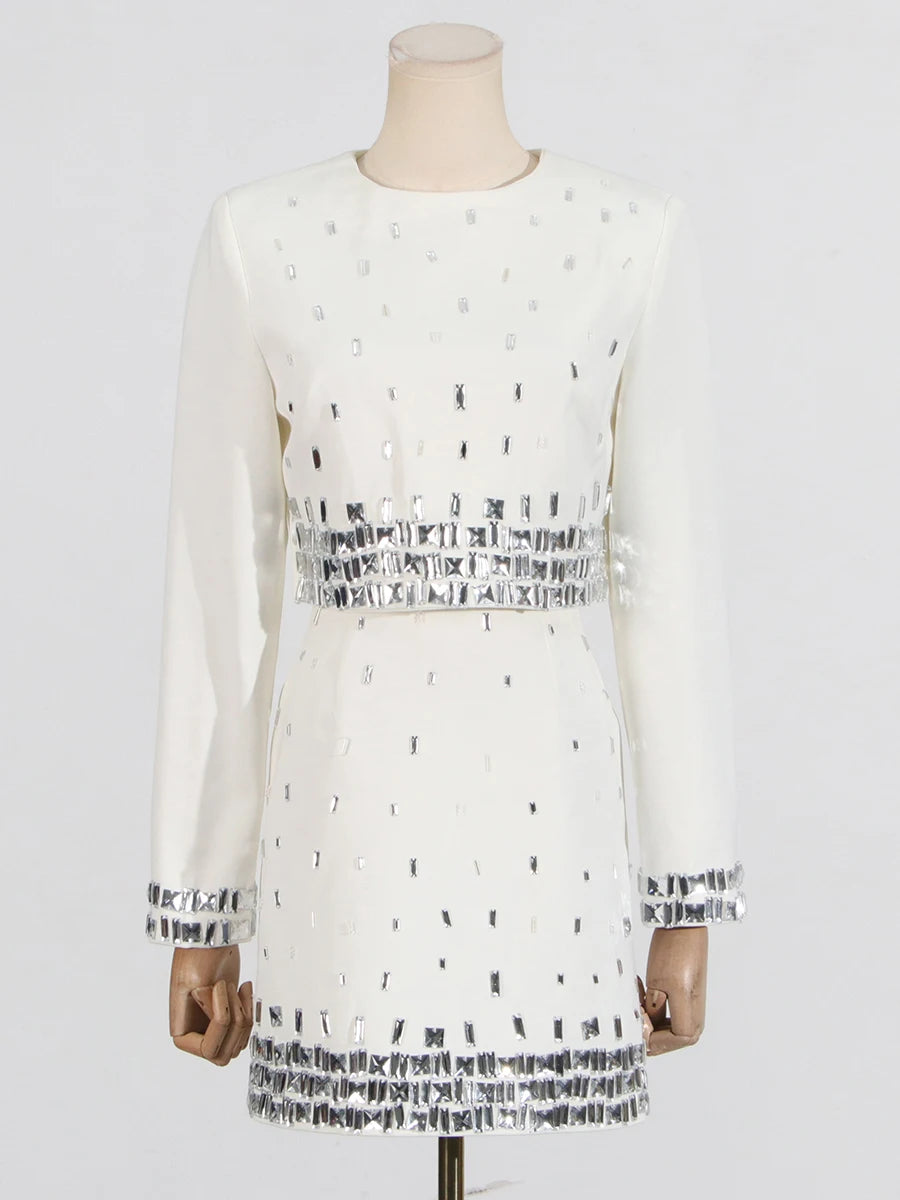 Solid Slimming Spliced Bead Two Piece Sets for Women Round Neck Long Sleeves Short Top High Wasit Skirt Set Female WHITE
