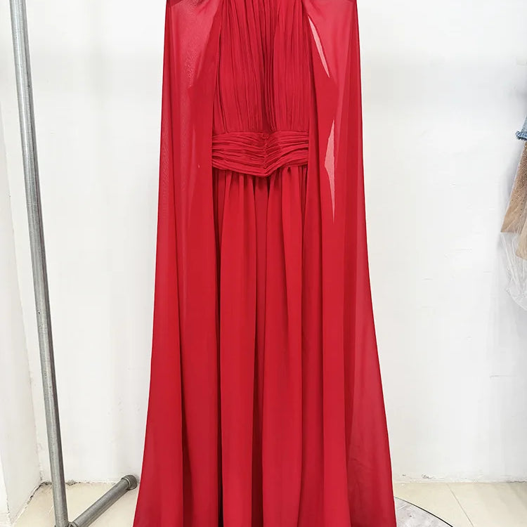 2025 Red Color Women Fashion Cloak Sleeve Slim Floor-length Dress Elegant Eveening Party Celebrate Prom Outfit