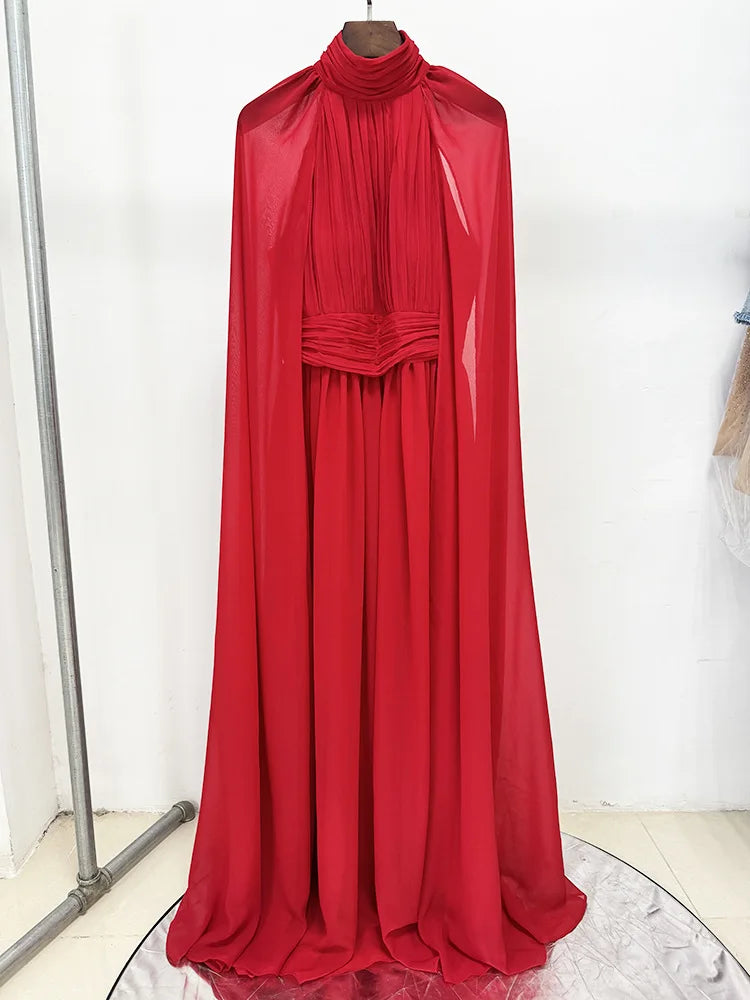 2025 Red Color Women Fashion Cloak Sleeve Slim Floor-length Dress Elegant Eveening Party Celebrate Prom Outfit