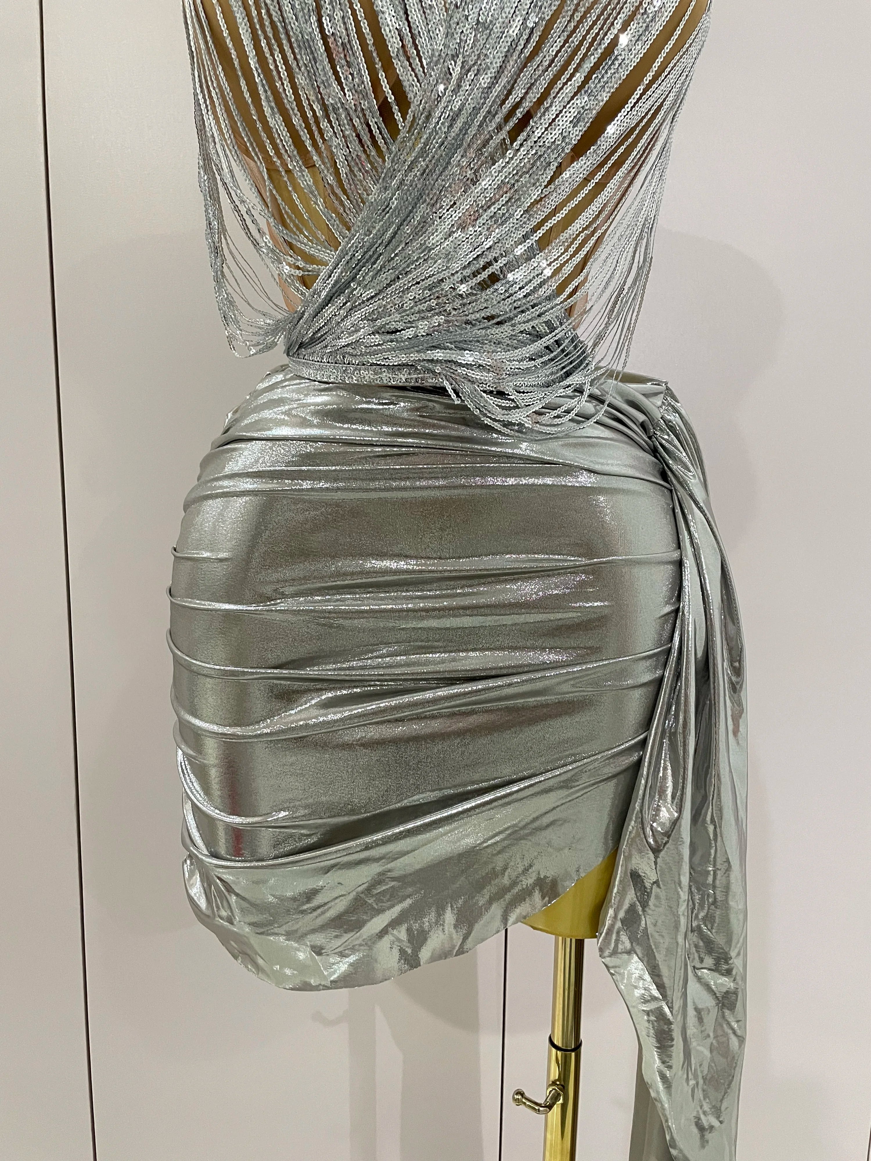 Stock Shiny Silver Sequin Tassels Mini Dress 2-piece Set 2025 New Women Evening Birthday Party Club ShootPhoto Stage Costume