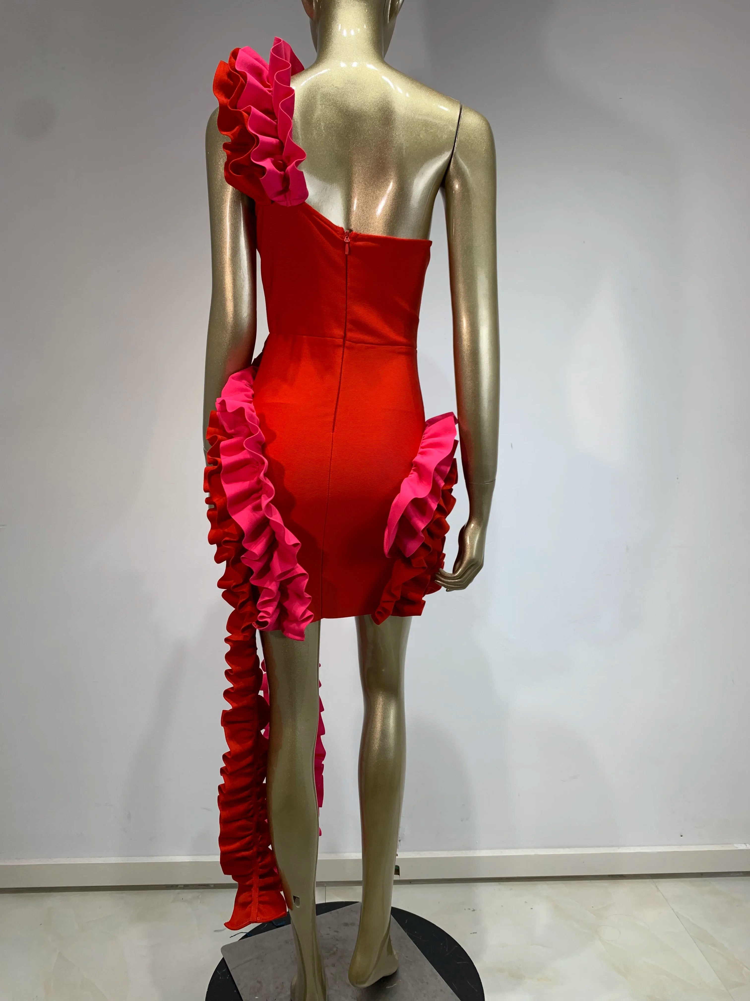 Women Summer Bandage Dress 2024 Women Celebrity Sexy One Shoulder Ruffles Red Bodycon Elegant Evening Club Party Dress