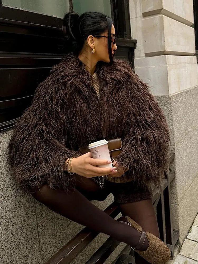 Green Luxury Fluffy Faux Fur Jacket Women Fashion Lapel Long Sleeve Loose Warm Coat 2025 Winter Lady High Street Outerwear Brown