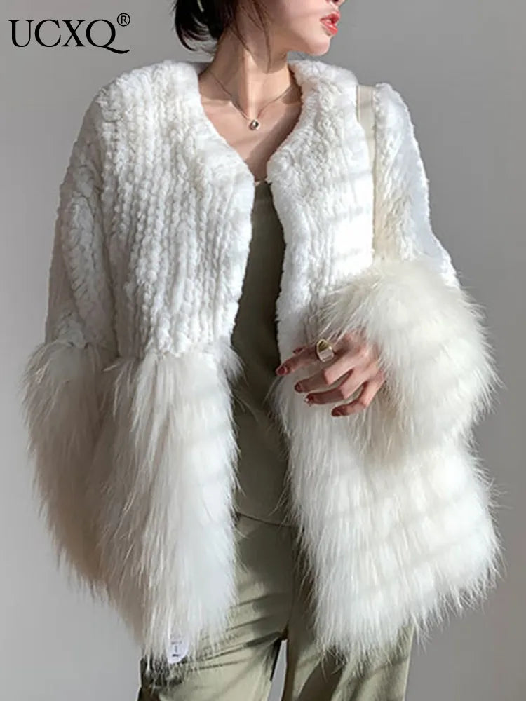 Women Fur Patchwork Imitation Furs Coats Loose Elegant O-neck Solid Cardigan Weave Design Blends Jacket Autumn
