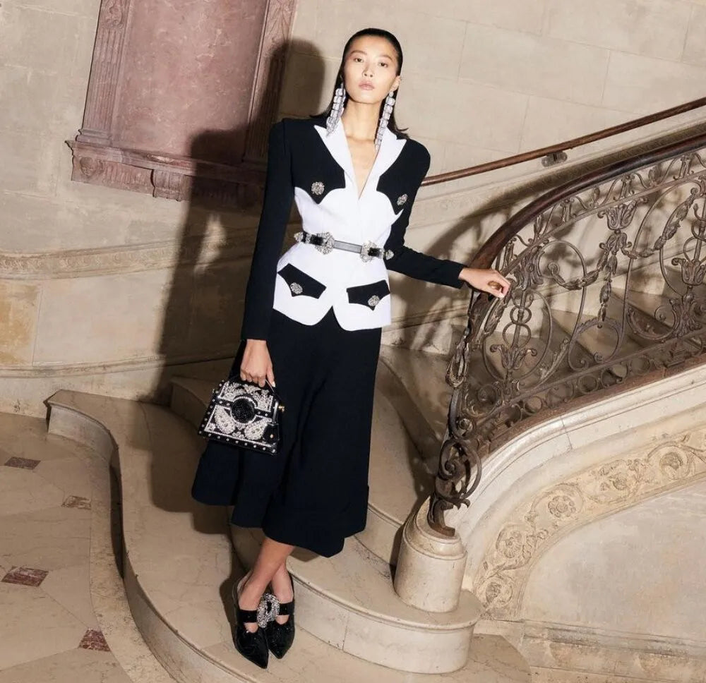 Runway Winter Sexy Long Sleeve Button Black White Women Bandage Coat 2024 High Street Celebrity DNight Club Party Jackets