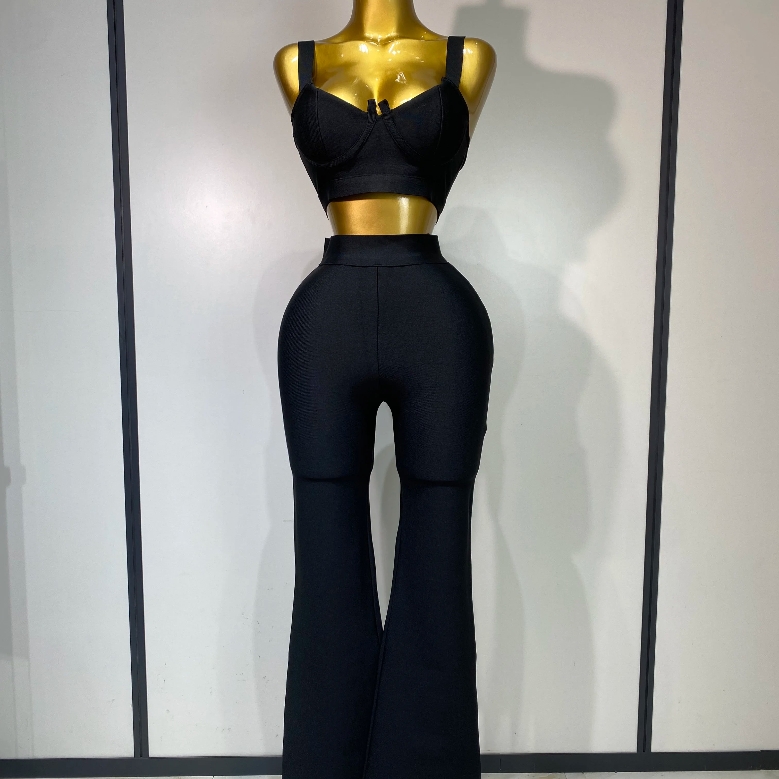 Women Sexy Bandage Crop Top Pant Set Evening Party Club Luxury Birthday High Street Fashion Elegant Luxury Birthday Outfit  black