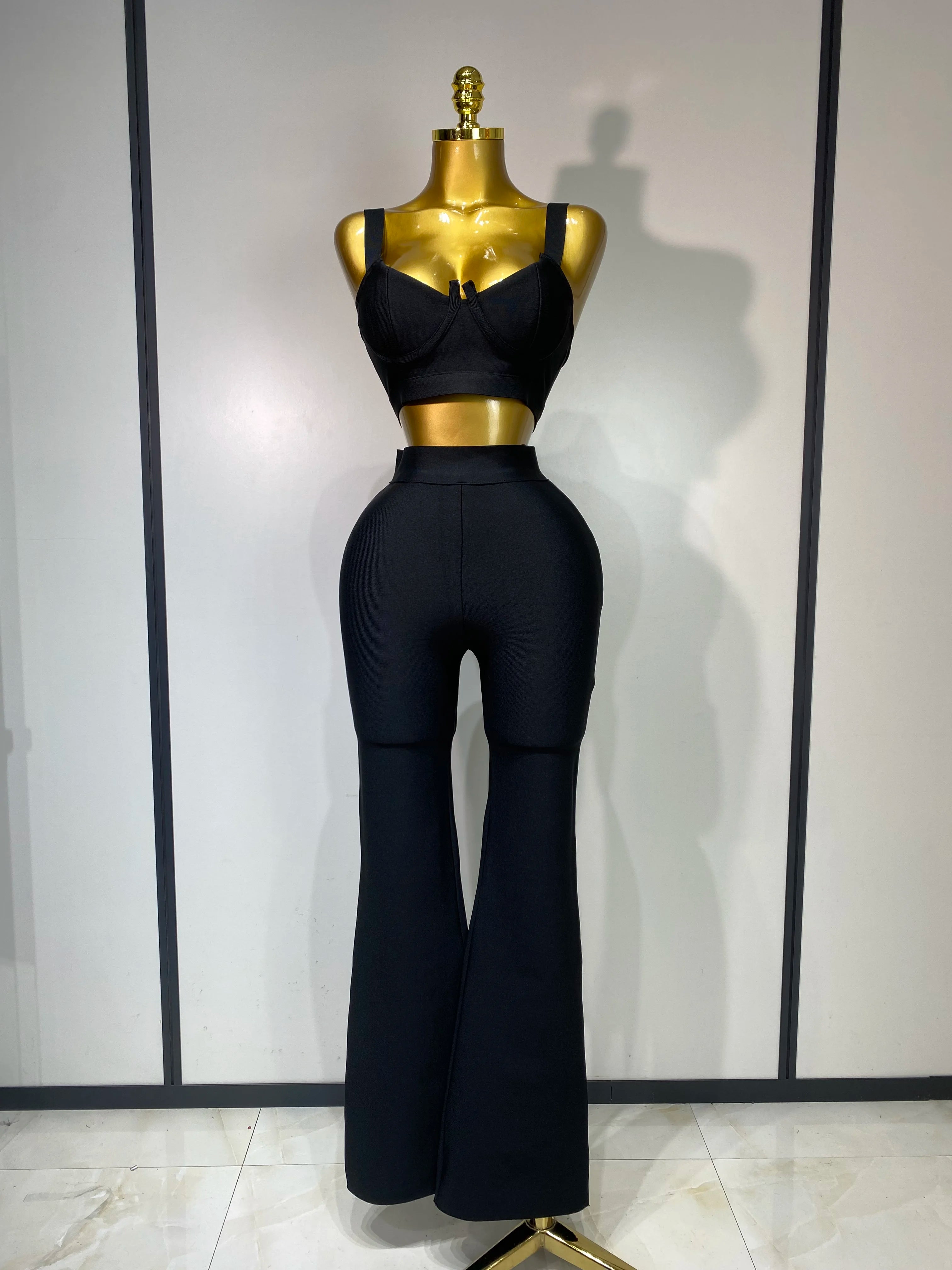 Women Sexy Bandage Crop Top Pant Set Evening Party Club Luxury Birthday High Street Fashion Elegant Luxury Birthday Outfit  black