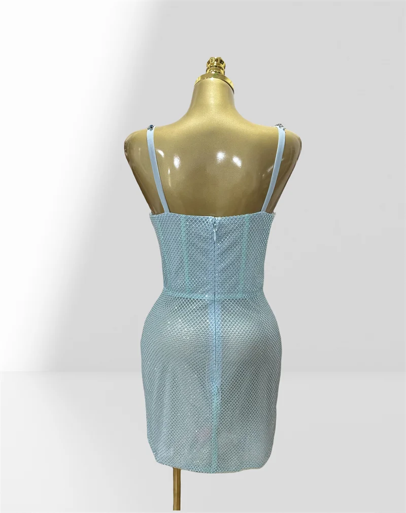 2025 Luxury Feathers Blue Diamonds Sexy See Through Spaghetti Mini Dress Woman Birthday Party Vestido Club Party Outfit