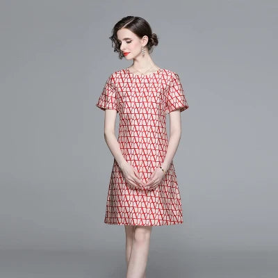 New Fashion Geometry Jacquard Short Sleeve Summer Dress Chic Elegant Temperament A-line Round Neck Dress Women Vestidos Red