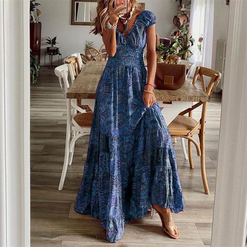 Vintage Long Dresses Women Summer Floral Print Bohemian Beach Sundress Woman Retro V Neck Big Swing Party Maxi Dresses
