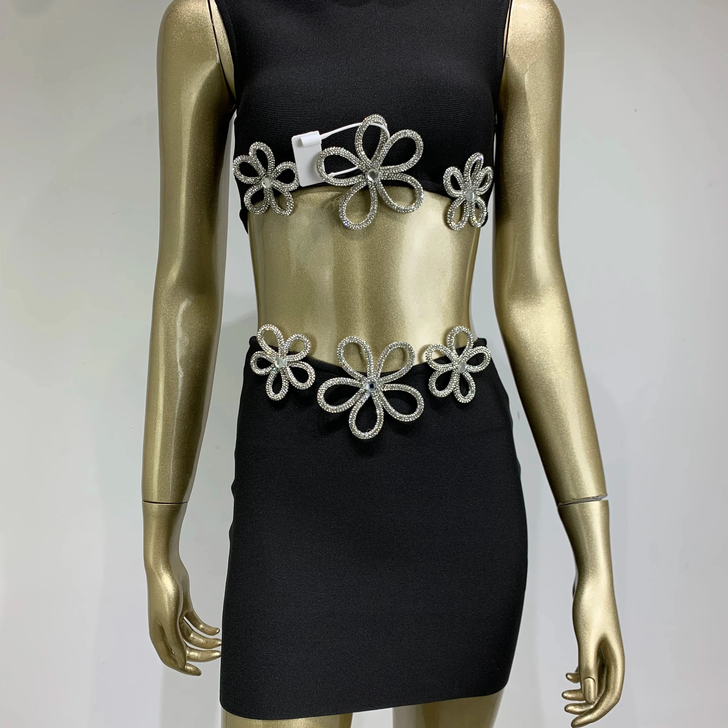 New Women Summer Celebrity Sexy Crytal Black Mini Bandage Skirt Suit Knitted Elegant Evening Club Party Two Pieces Set