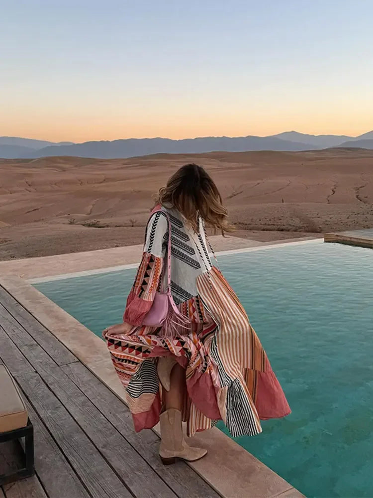 Retro Stripe Print Patchwork Maxi Dresses Women Loose V Neck Long Lantern Sleeve Long Dress Spring Chic Female Beach Casual Robe