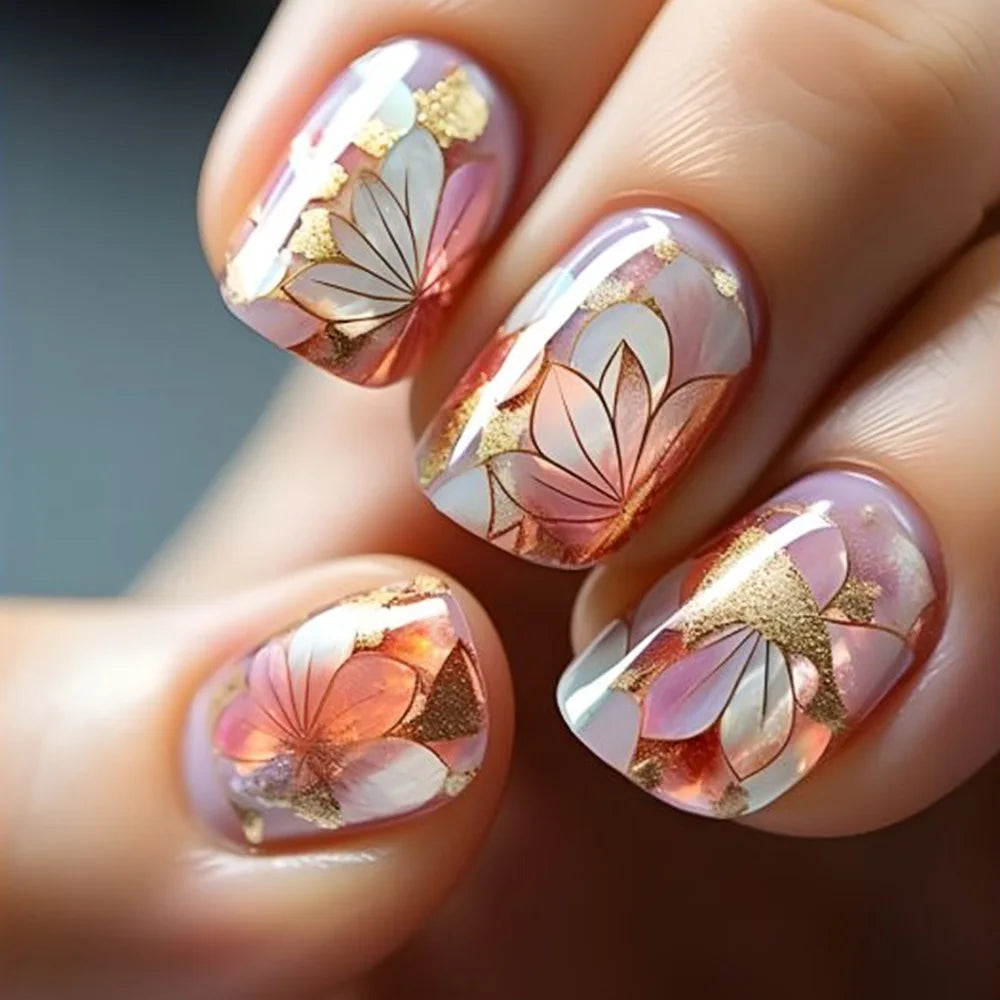 24Pcs Colorful Fake Nail Short Square Head False Nails Press on Sweet Flowers Design Wearable Nails Art Full Cover Manicure Tips 1488