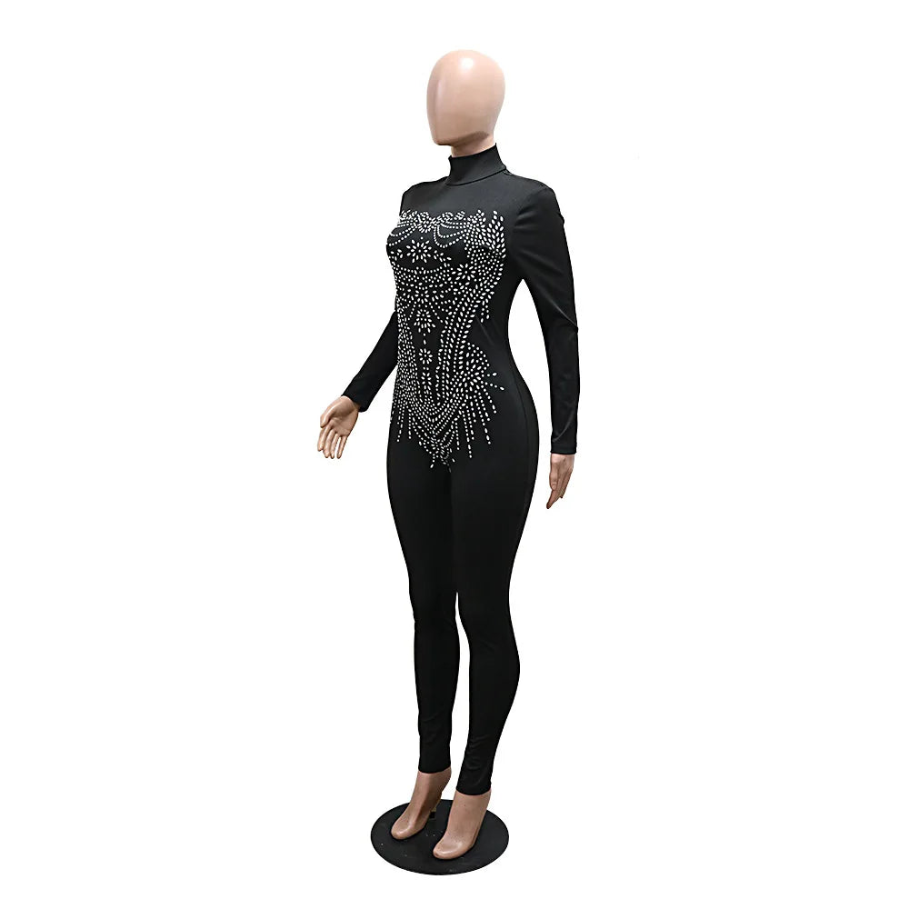 Full Sleeve Women Turtleneck Jumpsuits Diamonds Hot Rhinestones Rompers One Piece Sexy Pencil Night Club Party Outfits