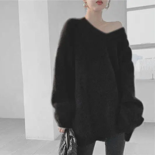 Oversized White Mink Cashmere Knitted Sweaters Loose Fit V-Neck Long Sleeve Women Pullovers Tops New Fashion Autumn Winter 2023 black