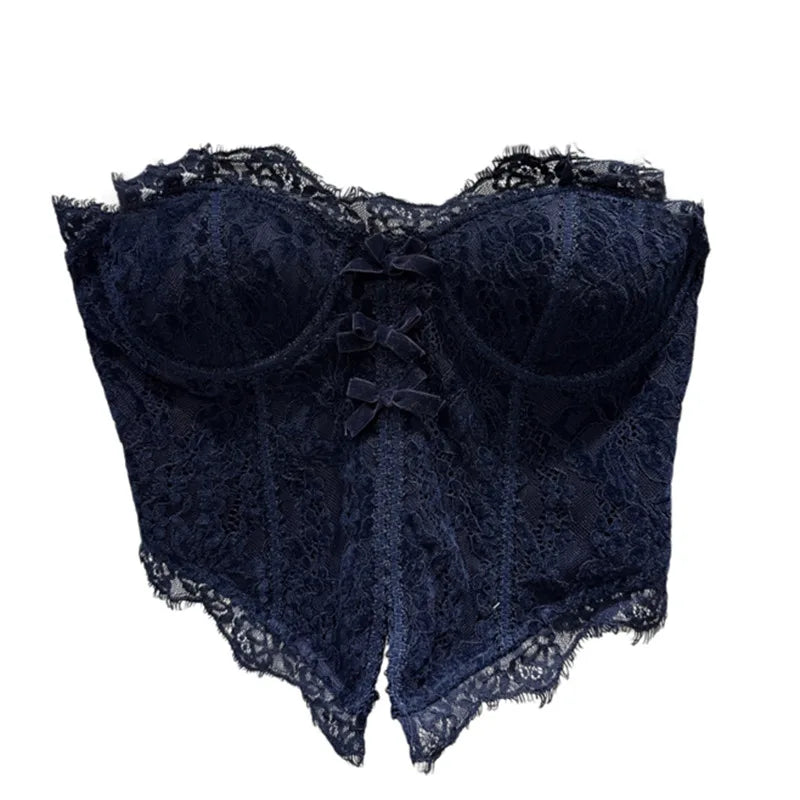 Spring New Fashion Sweet Bow Lace Edge Fishbone Chest Pad Strapless Vest For Women Backless Tank Tops Female 11A07820