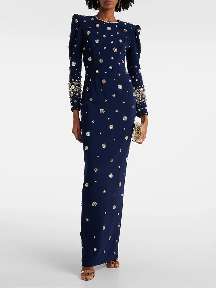 2025 New Spring Women Long Sleeve Beading Crystal Fashion Slim Long Maxi Dress Celebrate Elegant Evening Party Cocktail Dress