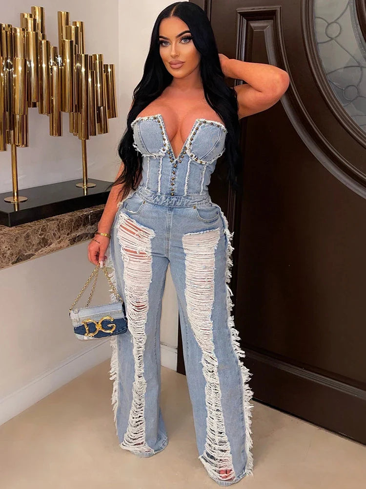 Sibybo Tassel Hollow Out Overalls For Women Studded Diamond Strapless Backless Jeans Street Fashion Trend Jumpsuite Femme
