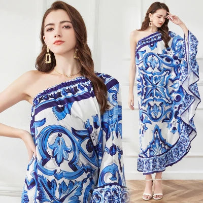 2023 New Summer Designer Bohemian Asymmetry Long Dress Women's Off Cool Shoulder Blue And White Porcelain Ruffled Hem Loose Robe
