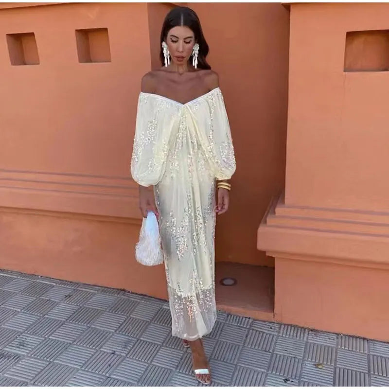 Strapless Pleated Sequins Dress Women New Fashion Lantern Sleeves V-Neck Lace Midi Dresses Female Evening Party Vestidos WHITE