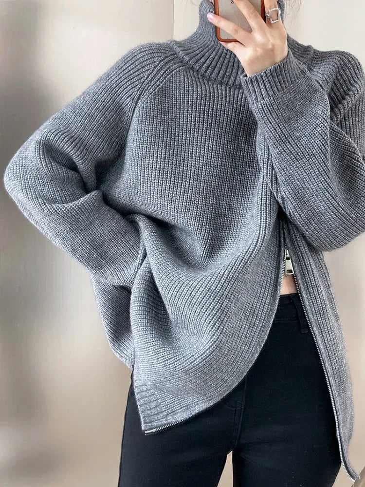Women's Turtleneck Zipper Oversize Fashion Women Sweaters Autumn Knitwears Loose Thick Warm High Neck Solid Pullovers Women GRAY
