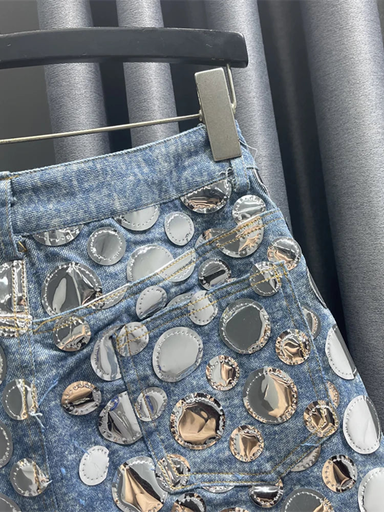 DEAT Summer New Fashion Women's Denim Skirt High Waist Circular Sequin Patchwork Wrap Hip Blue Short Mini Skirts 29L4143