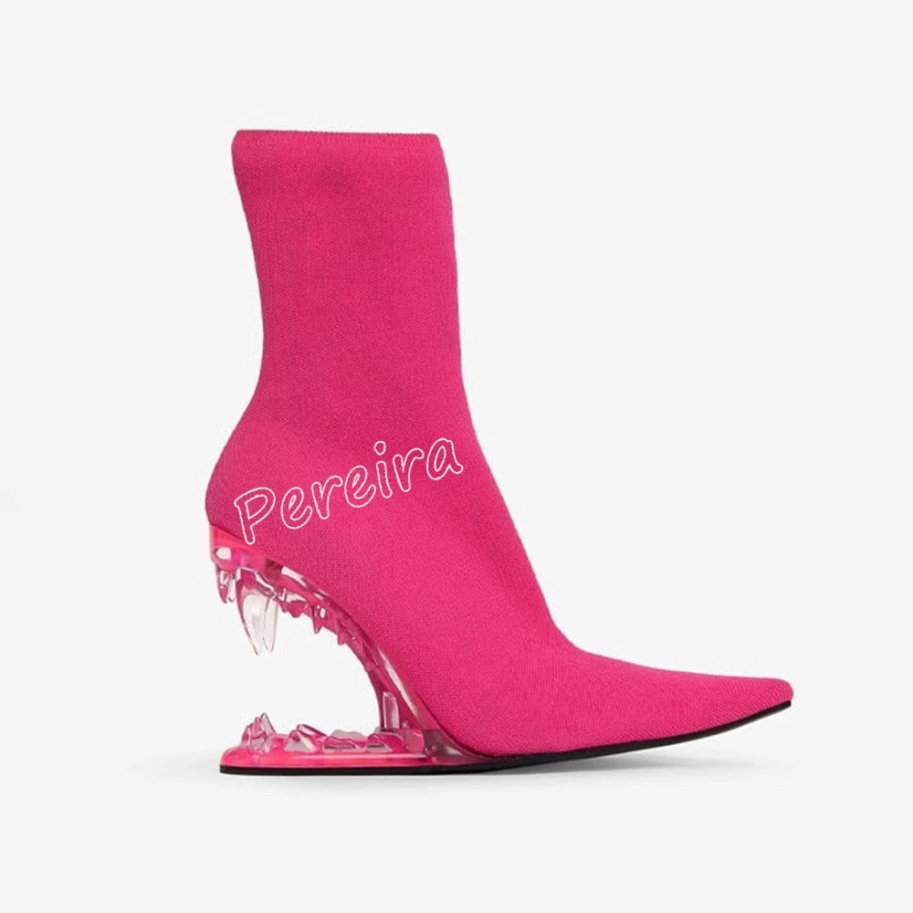 Black Tooth Shaped Heels Elastic Short Boots Pointed Toe Patent Leather Botas 2025 Solid Fashion Elegant Party Office Lady Shoes