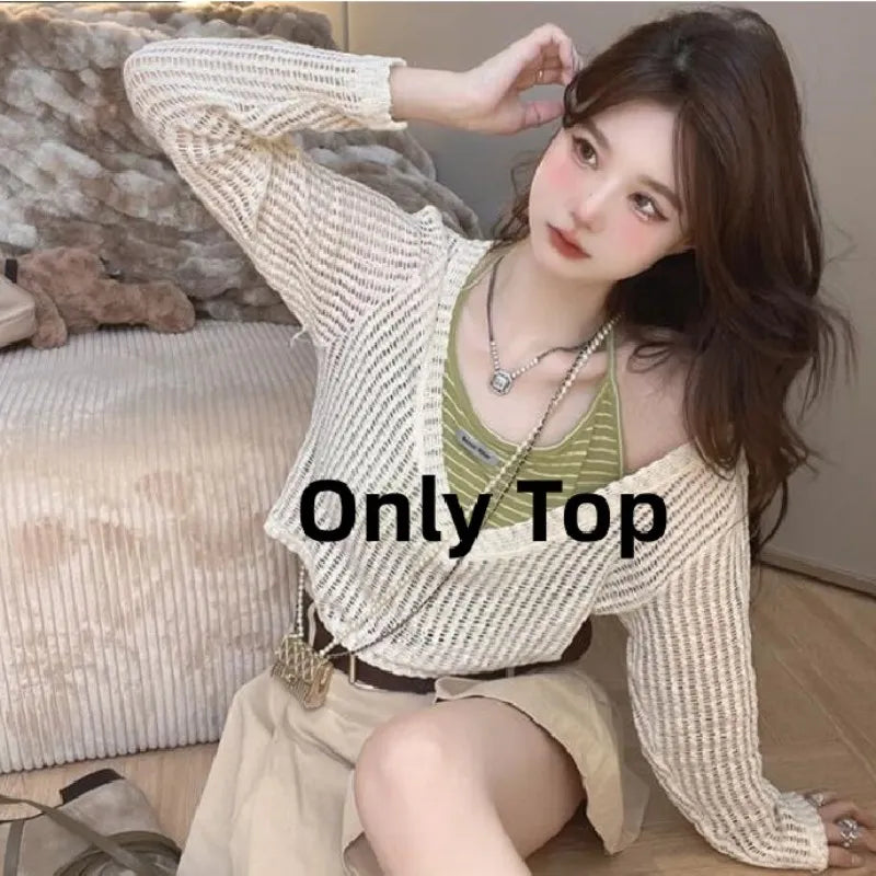 Women's Summer Fashion Hollow Out Shirt+Suspender+Wide Leg Pants Three Piece 2024 New in Matching Set Korean Elegant Tracksuit Green Top