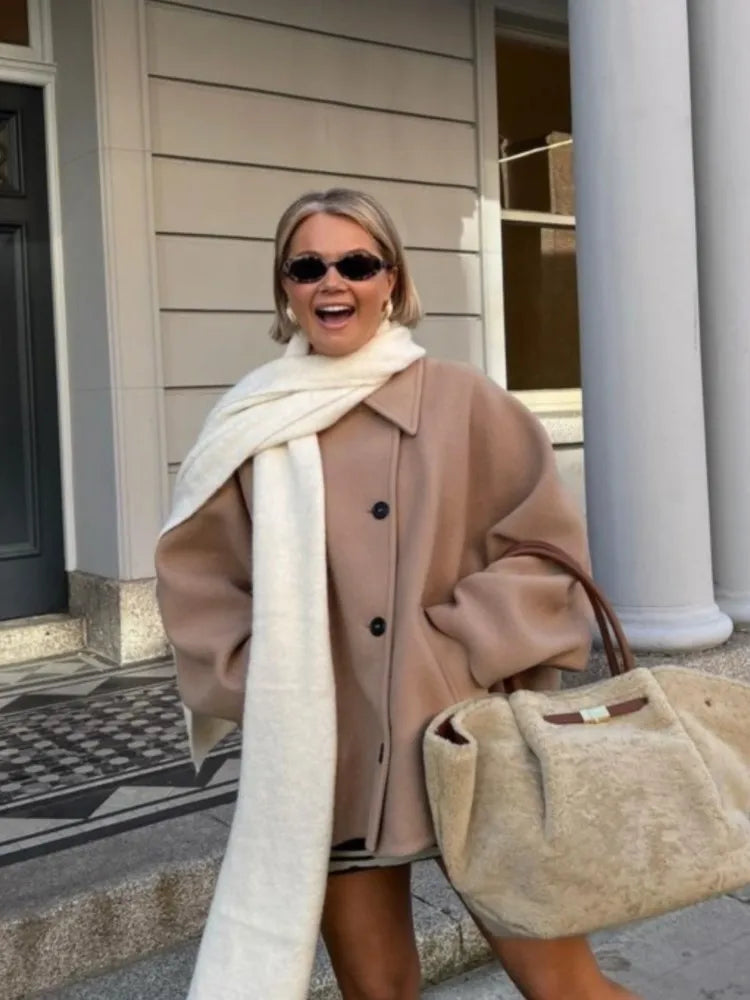 Women Fashion Wool Lapel Coats Vintage Cape Sleeve Casual Single Breasted Pockets Jackets Autumn Winter Female Chic Streetwear