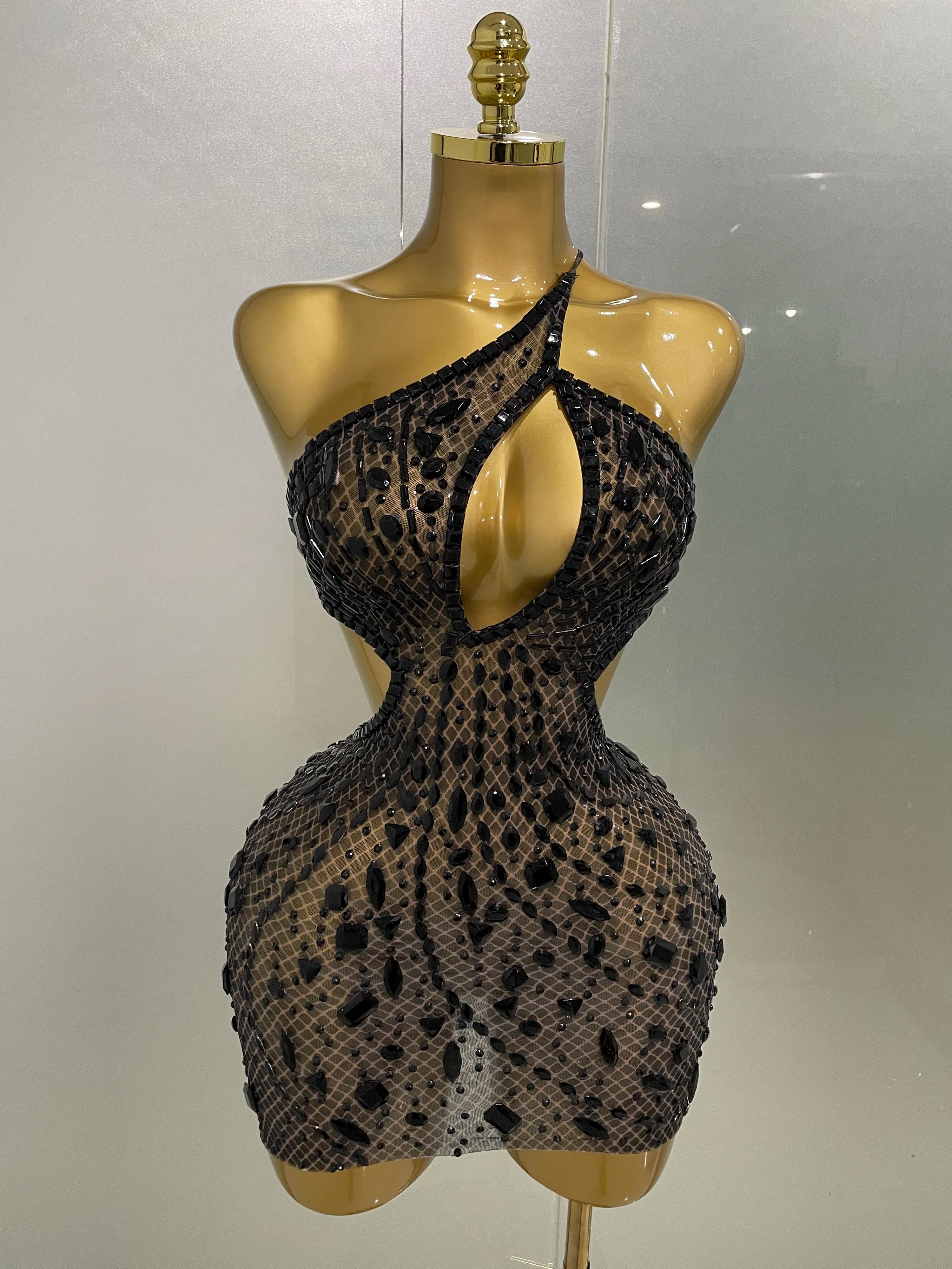 Stock Women Sparkly Big Crystal Sexy Off the Shoulder Mesh See Through Mini Dress Nightclub Party Celebrate Birthday Dress black