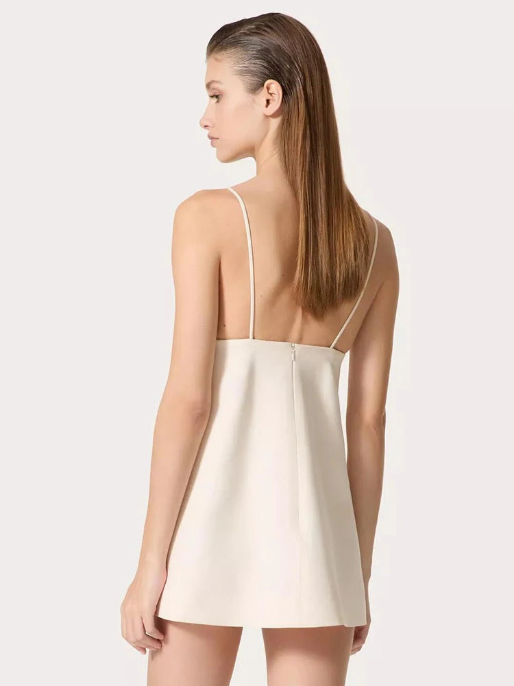 Solid Patchwork Appliques Camisole Dresses For Women Square Collar Sleeveless Backless High Waist Mini Dress