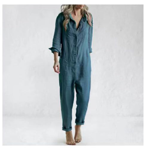 Vintage Cotton Overalls Mujer Women Jumpsuits Spring Long Sleeve Buttons One Piece Outfit Chic Tunic Oversized Green Jumpsuit pic