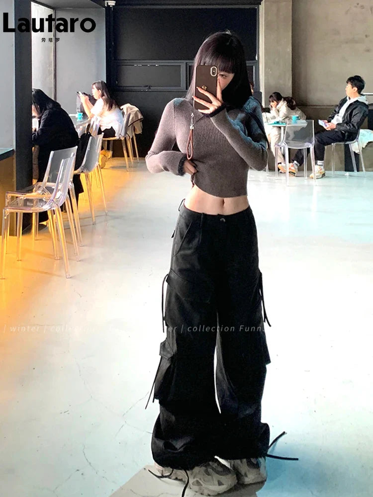 Spring Autumn Cool Handsome Baggy Black Pu Leather Straight Cargo Pants for Women Many Pockets Luxury Designer Clothes