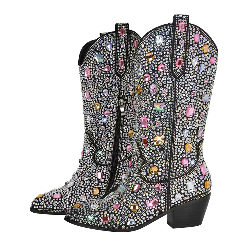 Women Sparkly Multi-colored Rhinestone Handmade Mid-calf Western Boots CD230821B