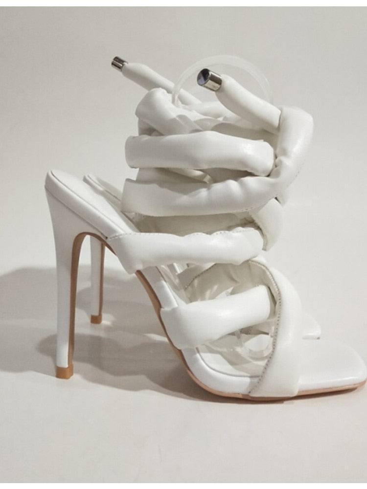 Summer New Square Head Slim High Heel Sandals Wrapped Around The Feet Fashion Show Dress 43 Large Women's Sandals White