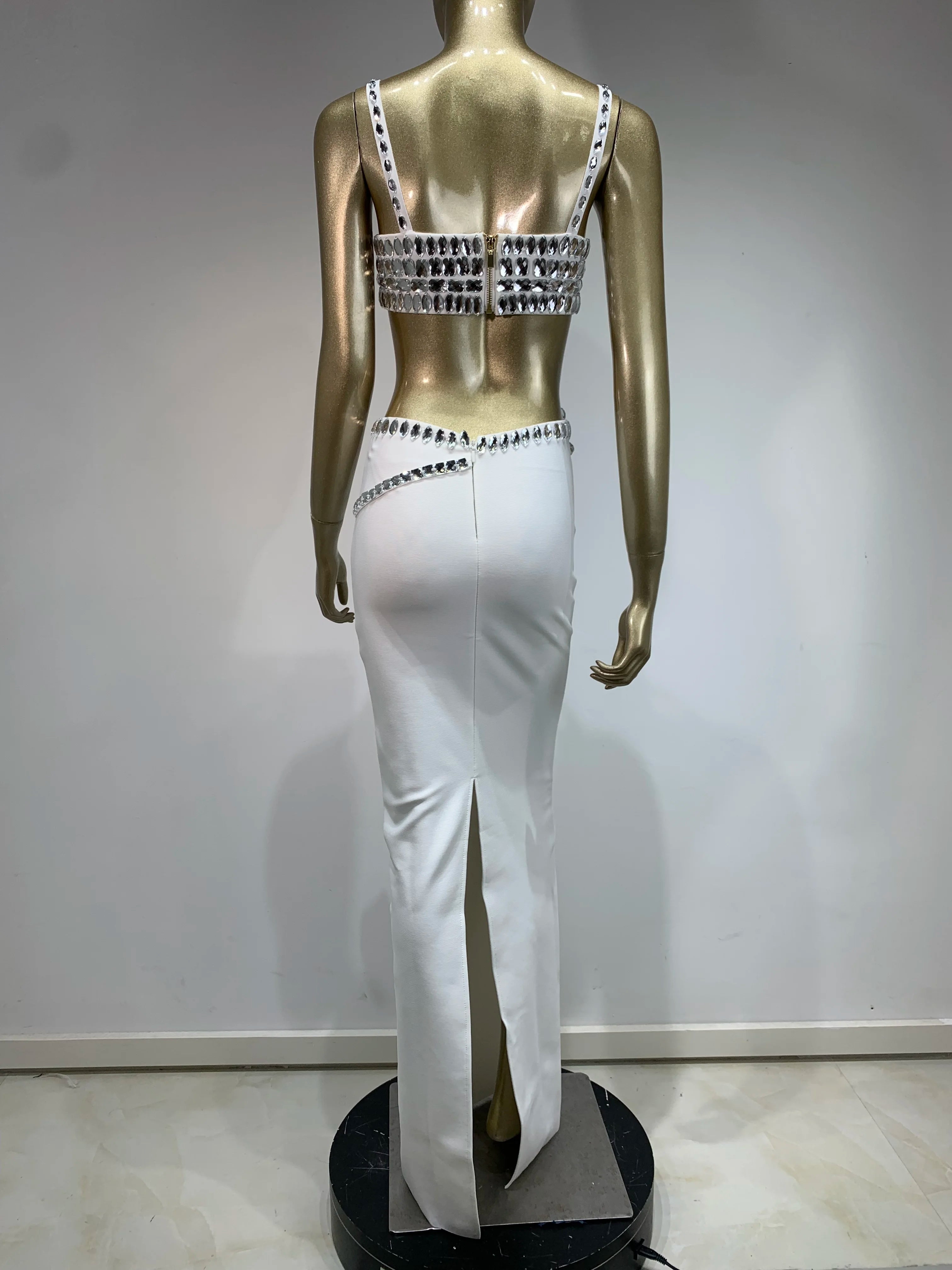 New Women Summer Celebrity Sexy Beading Split Maxi Long White Bandage Skirt Set 2024 Knitted Elegant Evening Club Party Clothing
