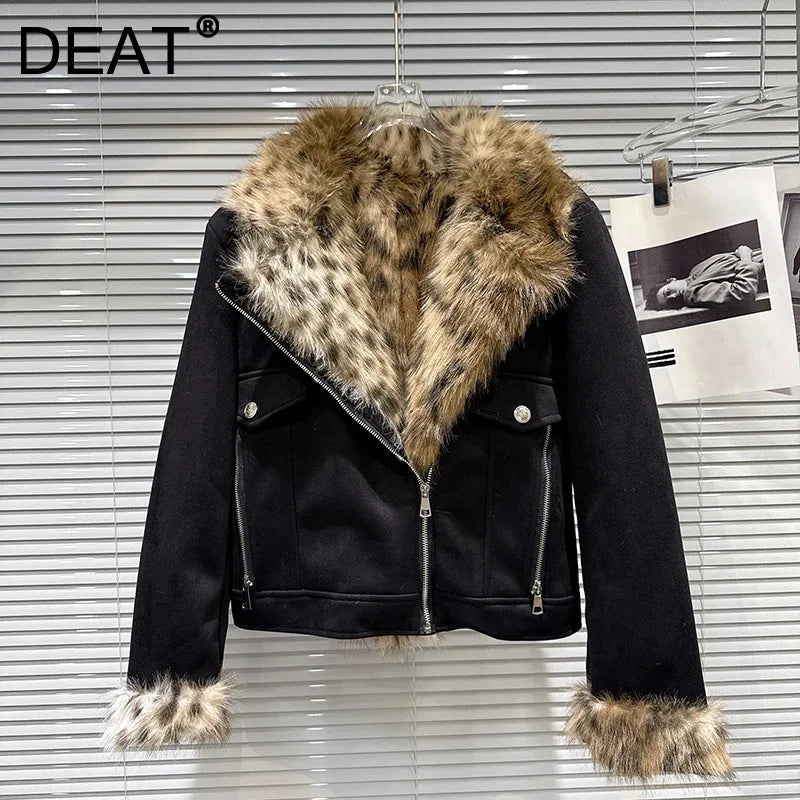Winter New Trendy Fashion Leopard Print Fur Collar Suede Thickened Jacket For Women Warm Coat Female Trend 11A07449