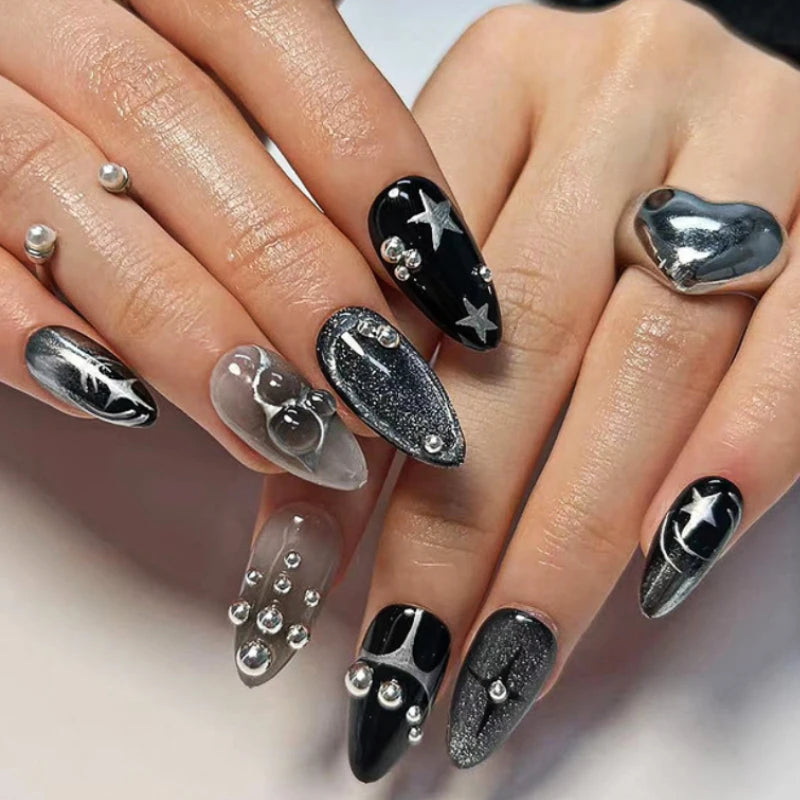 Punk Cool Style Black Flame Love Heart Press on Nails Butterfly Star Long Pointed False Nails Art Fake Nails Charms Y2K Manicure MT2211JP3024