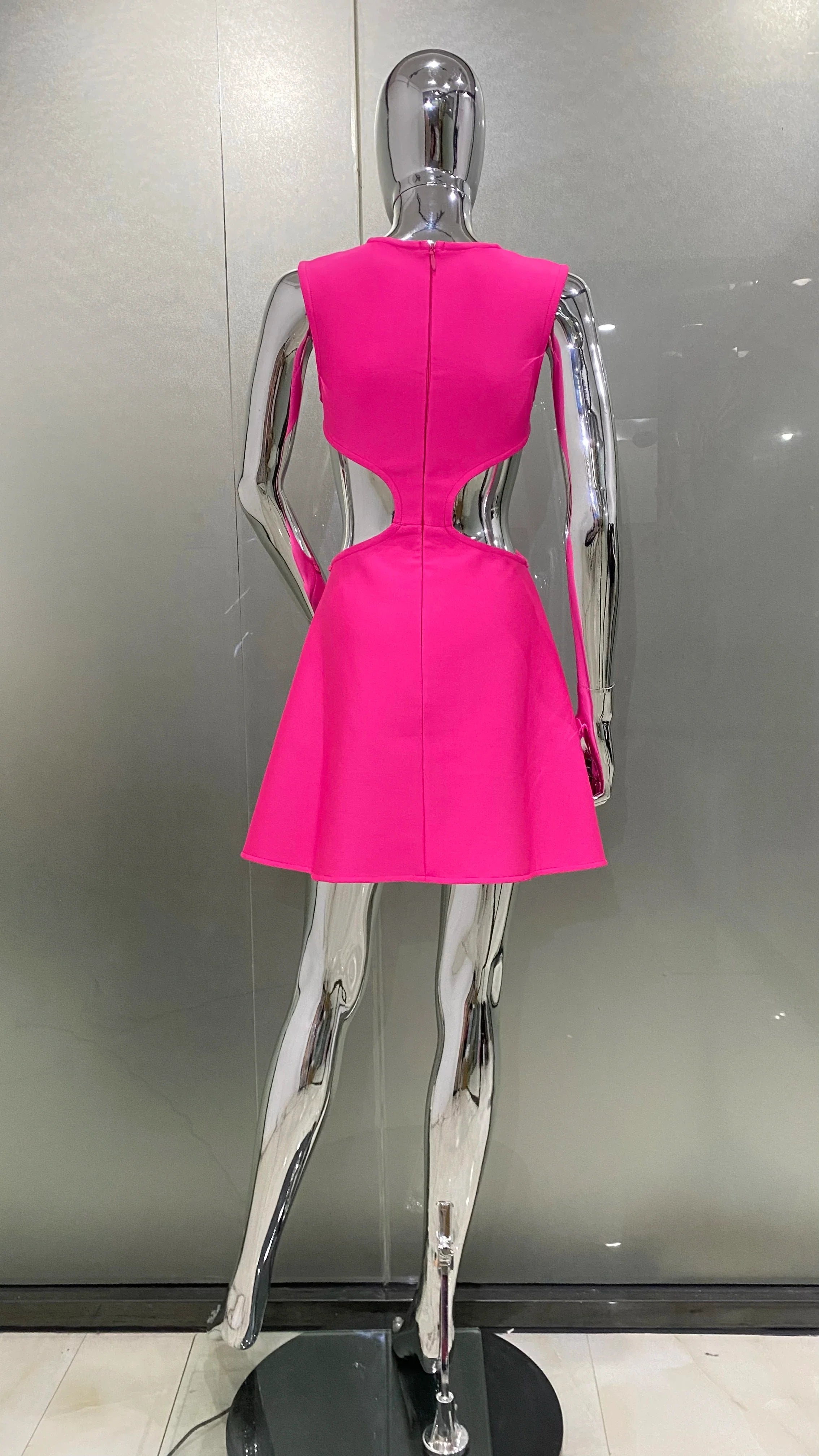 Rosered Color Women Sleeveless Sexy Waist Hollow Out Florals A-Line Bandage Mini Dress Fashion Birthday Cocktail Party Dress