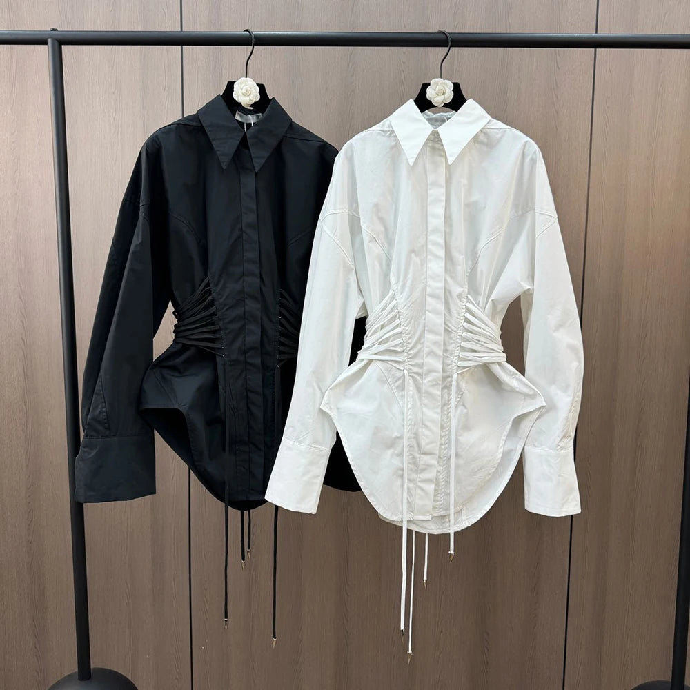 Solid Spliced Lace Up T Shirts for Women Lapel Long Sleeve Patchwork Single Breasted Fashion Top Female Clothing