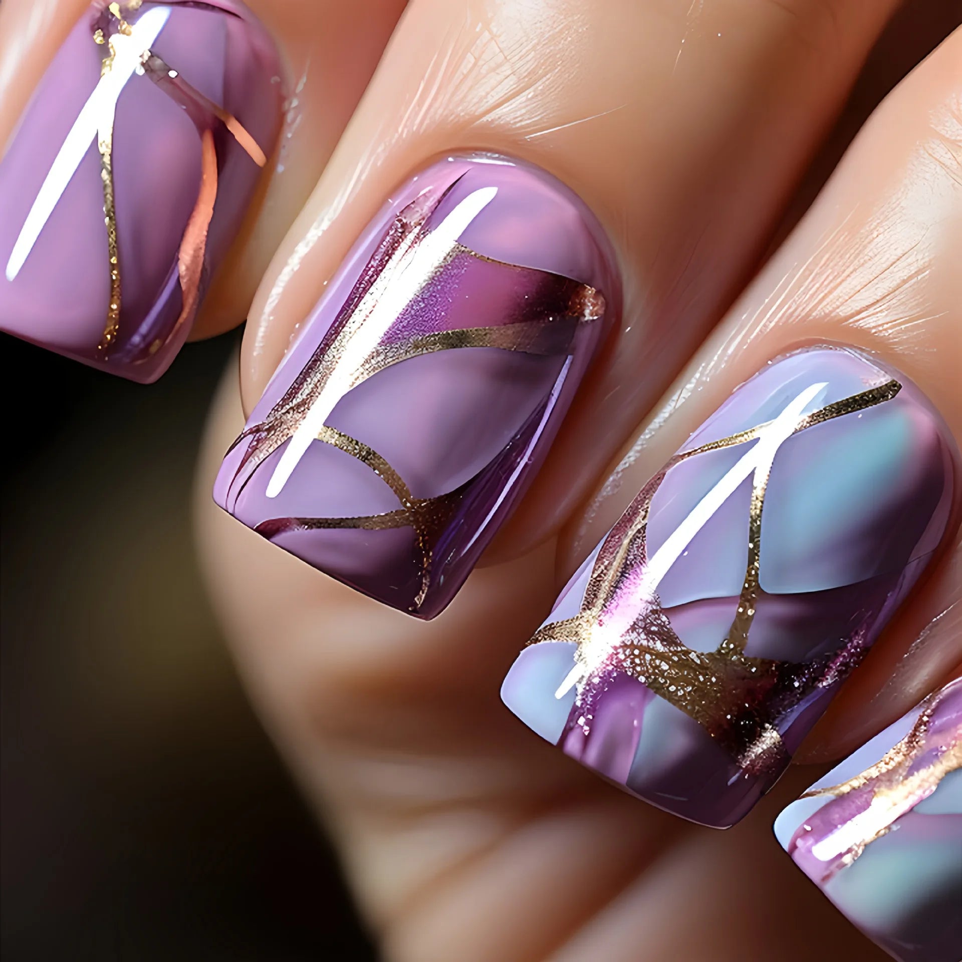 24Pcs Purple Short Square False Nails Gradient Full Cover French Coffin with Glue Acrylic Press on Nails Artificial Manicure 2