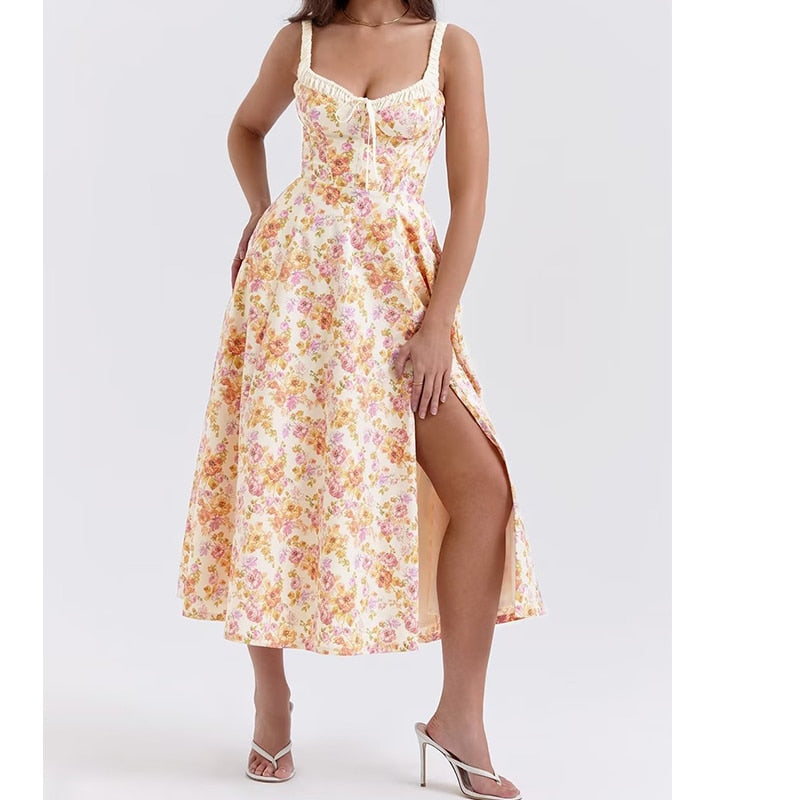YENKYE 2024 Women French Style Floral Print A-line Midi Sling Dress Sexy Sleeveless Front Slit Female Holiday Party Summer Dress