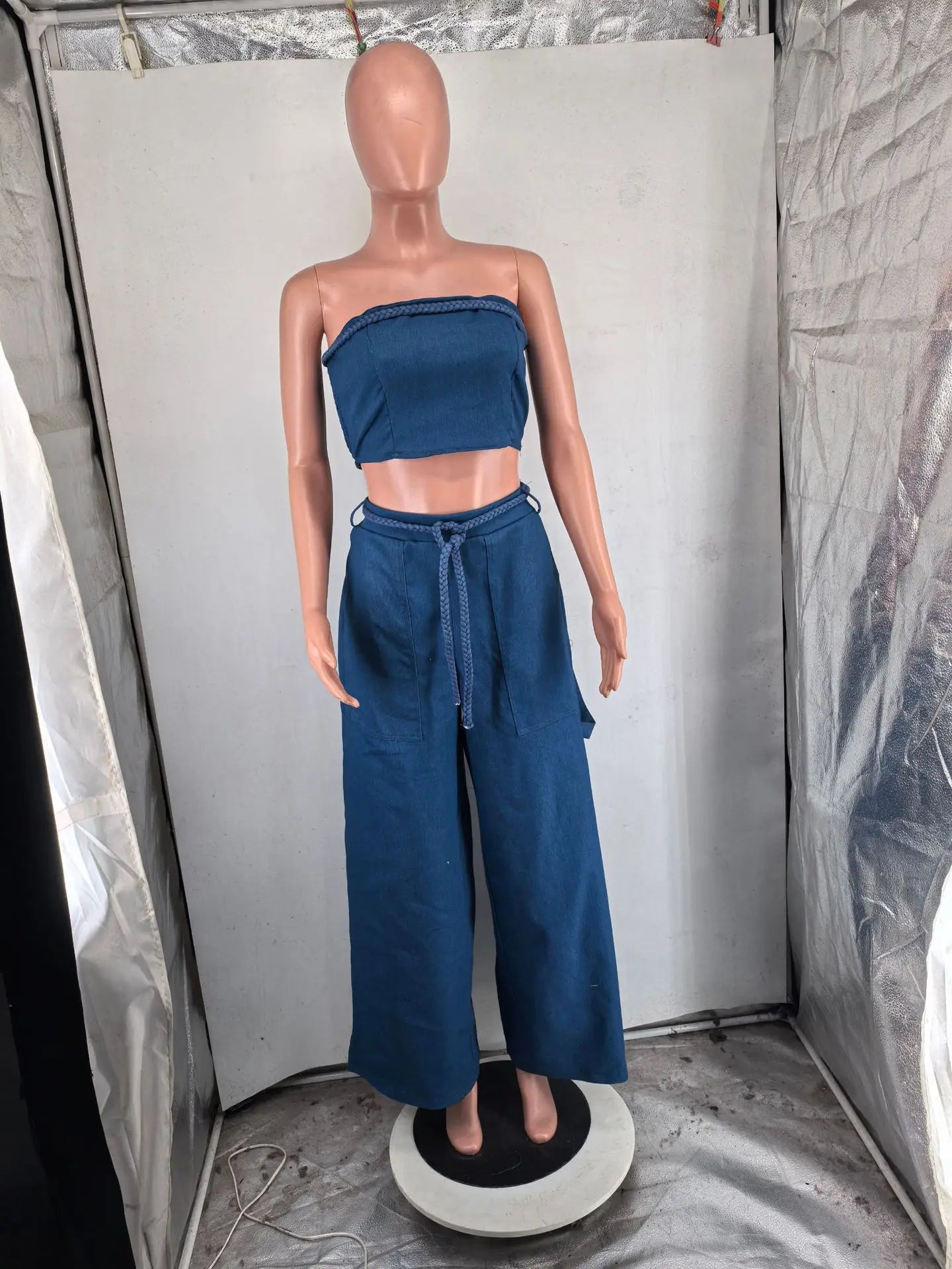 Fashion Denim Women's Set Strapless Crop Top and Wide Leg Jeans Pants Suit 2024 Street Two 2 Piece Sets Outfit Tracksuit